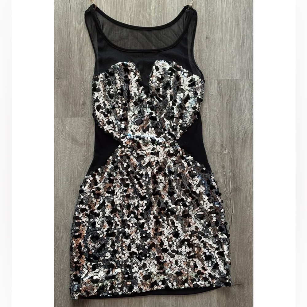 Windsor Black and Silver Sequin Strapless Cocktail Dress